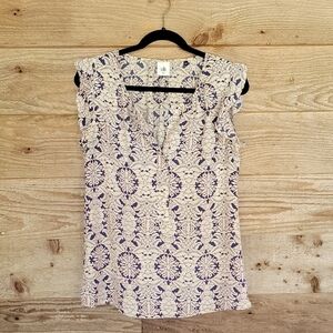 CAbi Size Small Cream and Blue Ruffled Blouse with Mandarin Collar